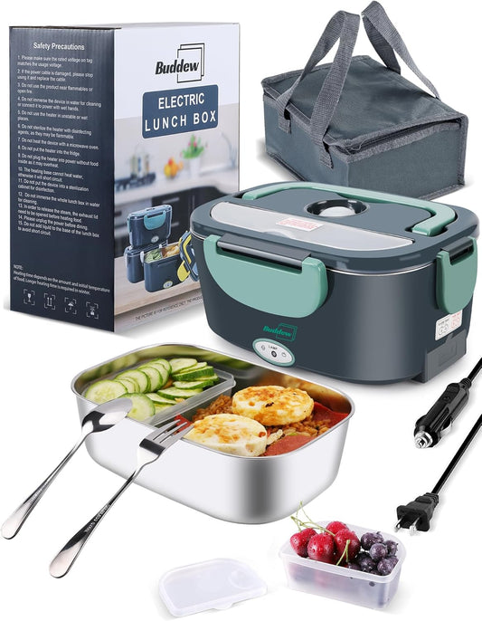 Electric Lunch Box 80W Food Heater for Adults, 12/24/110 V Portable Food Warmer for Travel & Work, 1.5L Food Warmers, Loncheras Para Hombres De Trabajo (Green)