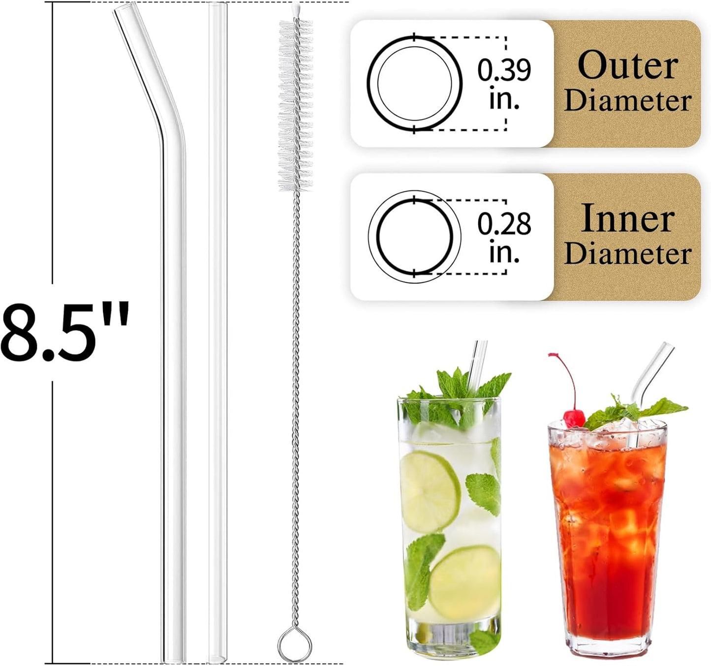 ® 16-Pack Reusable Glass Straws Set, Clear Glass Drinking Straws, 8.5''X10Mm, Set of 6 Straight and 6 Bent with 4 Cleaning Brushes, Perfect for Smoothies, Milkshakes, Juice, Tea