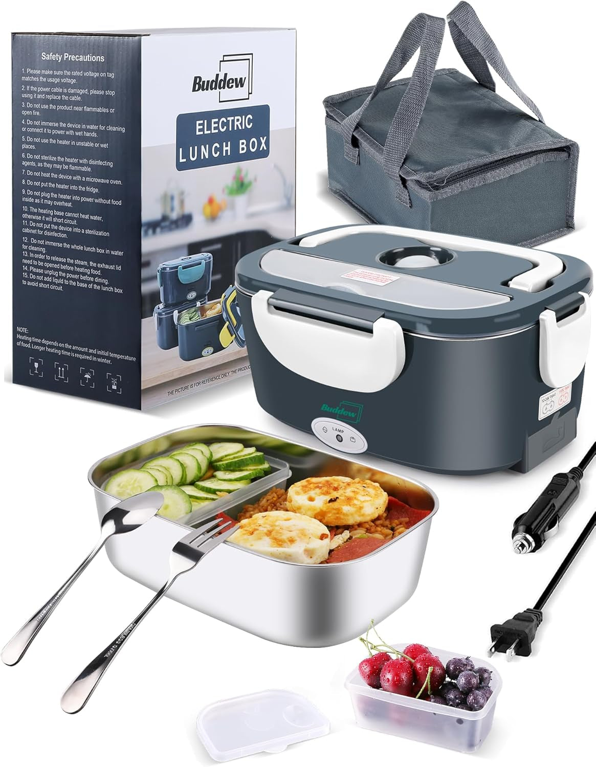 Electric Lunch Box 80W Food Heater for Adults, 12/24/110 V Portable Food Warmer for Travel & Work, 1.5L Food Warmers, Loncheras Para Hombres De Trabajo (Green)