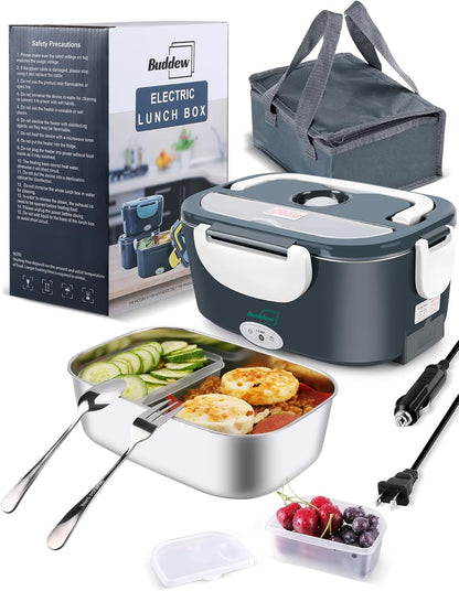 Electric Lunch Box 80W Food Heater for Adults, 12/24/110 V Portable Food Warmer for Travel & Work, 1.5L Food Warmers, Loncheras Para Hombres De Trabajo (Green)