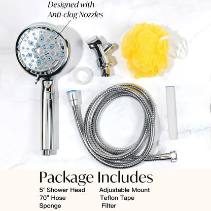 9 Setting Handheld Shower Head,High Pressure Shower Head with Filter, Hard Water Softener with 70" Hose Extension Spray Nozzle Shower,Silver