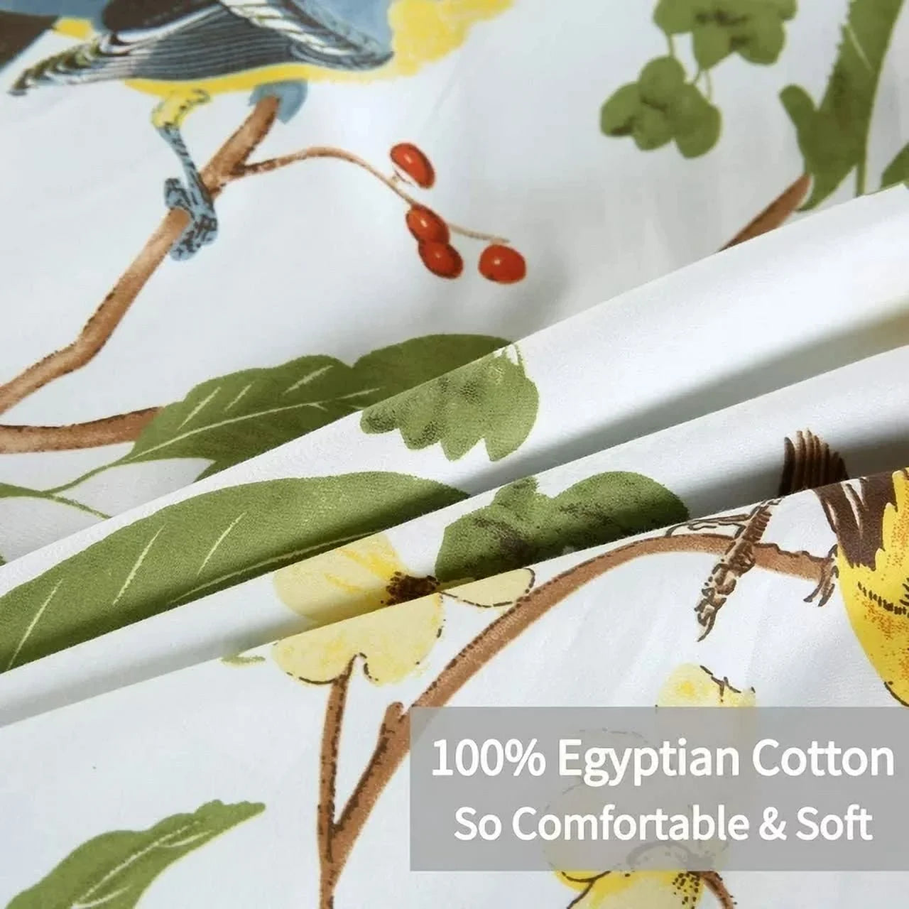 100% Cotton Green Leaves Birds Print 1000 Thread Count Pillow Cases, Queen (2 Count)