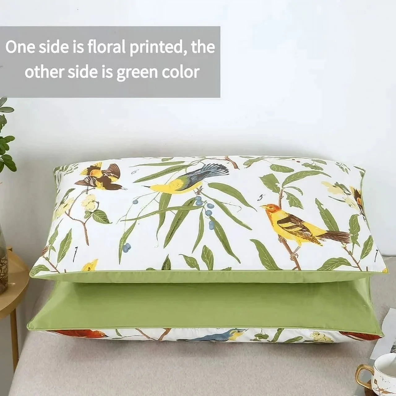 100% Cotton Green Leaves Birds Print 1000 Thread Count Pillow Cases, Queen (2 Count)