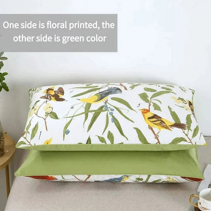 100% Cotton Green Leaves Birds Print 1000 Thread Count Pillow Cases, Queen (2 Count)