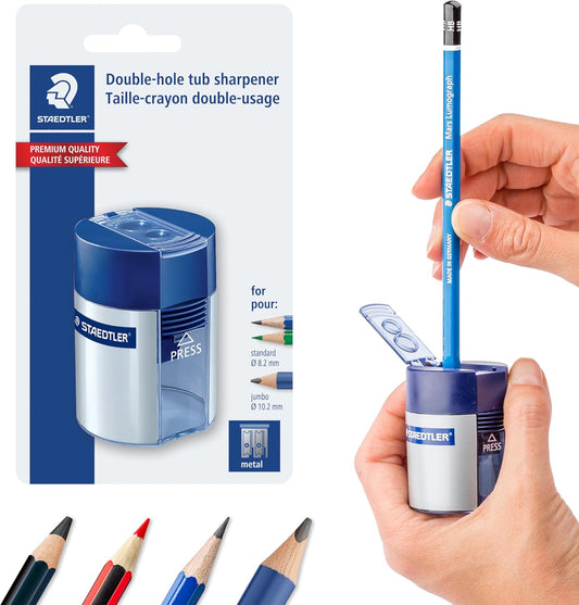 Dual-Hole Manual Pencil Sharpener – Compact Portable Sharpener with Shavings Container