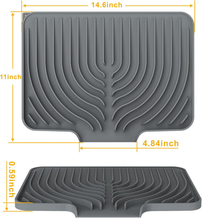 Dish Drying Mat ,14.6"×11" Silicone Drying Mat for Kitchen Counter with Board Drain,Rubber Kitchen Counter Dry Matt for Dishes Drying Rack(Gray)