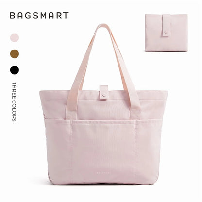 Foldable Tote Bag for Women, Laptop Tote Bag Top Handle Handbag for Travel, Work, Beach, Gym, Shop, Pink