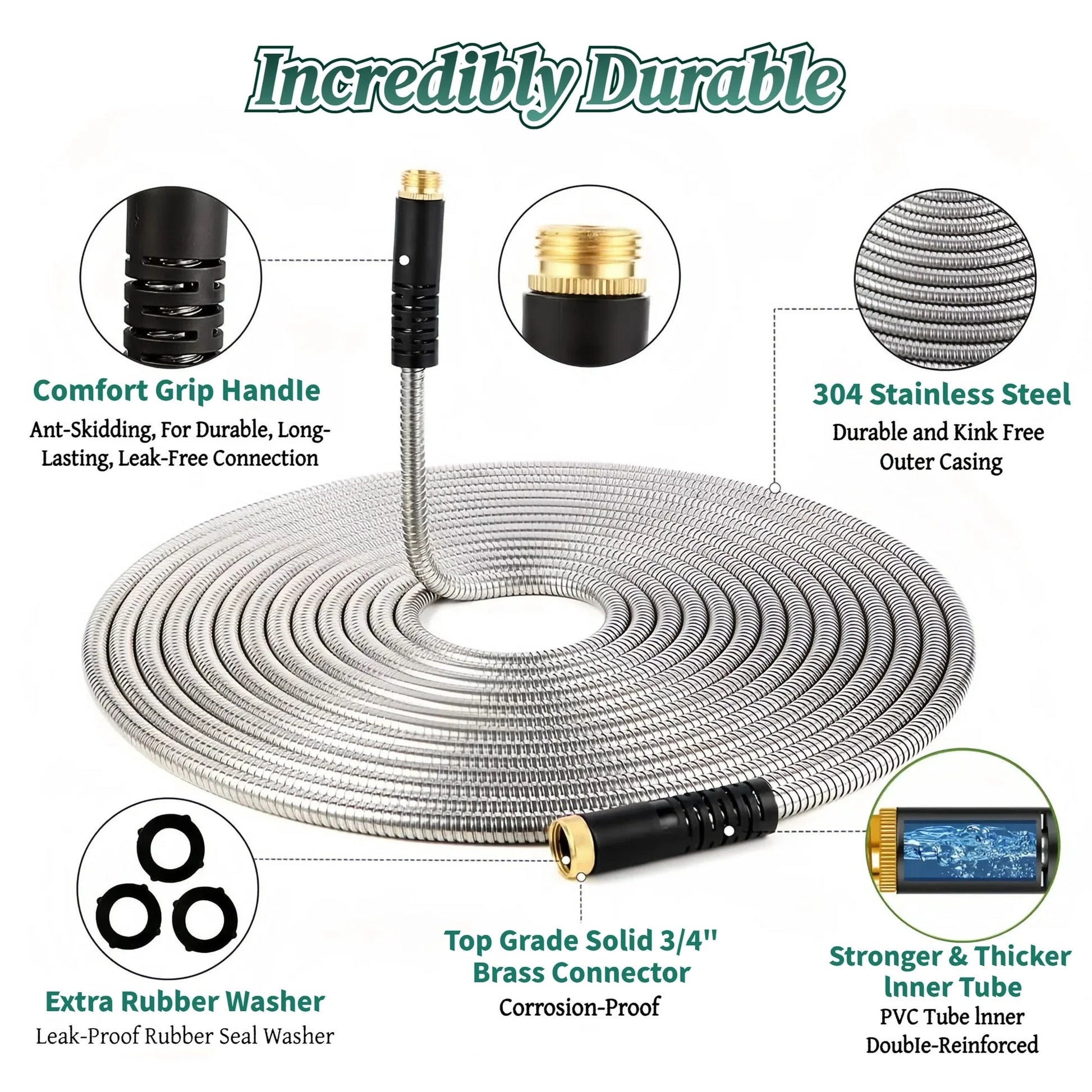 Metal Garden Hose 50Ft, 304 Stainless Steel Garden Hose, Heavy Duty Water Hoses with 10 Function Hose Nozzle, Flexible, No Kink & Tangle, Leak & Puncture Proof, 150Psi