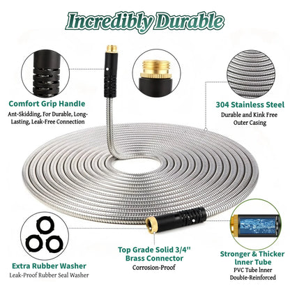 Metal Garden Hose 50Ft, 304 Stainless Steel Garden Hose, Heavy Duty Water Hoses with 10 Function Hose Nozzle, Flexible, No Kink & Tangle, Leak & Puncture Proof, 150Psi