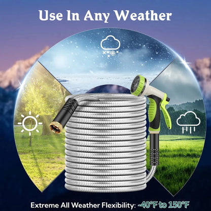 Metal Garden Hose 50Ft, 304 Stainless Steel Garden Hose, Heavy Duty Water Hoses with 10 Function Hose Nozzle, Flexible, No Kink & Tangle, Leak & Puncture Proof, 150Psi