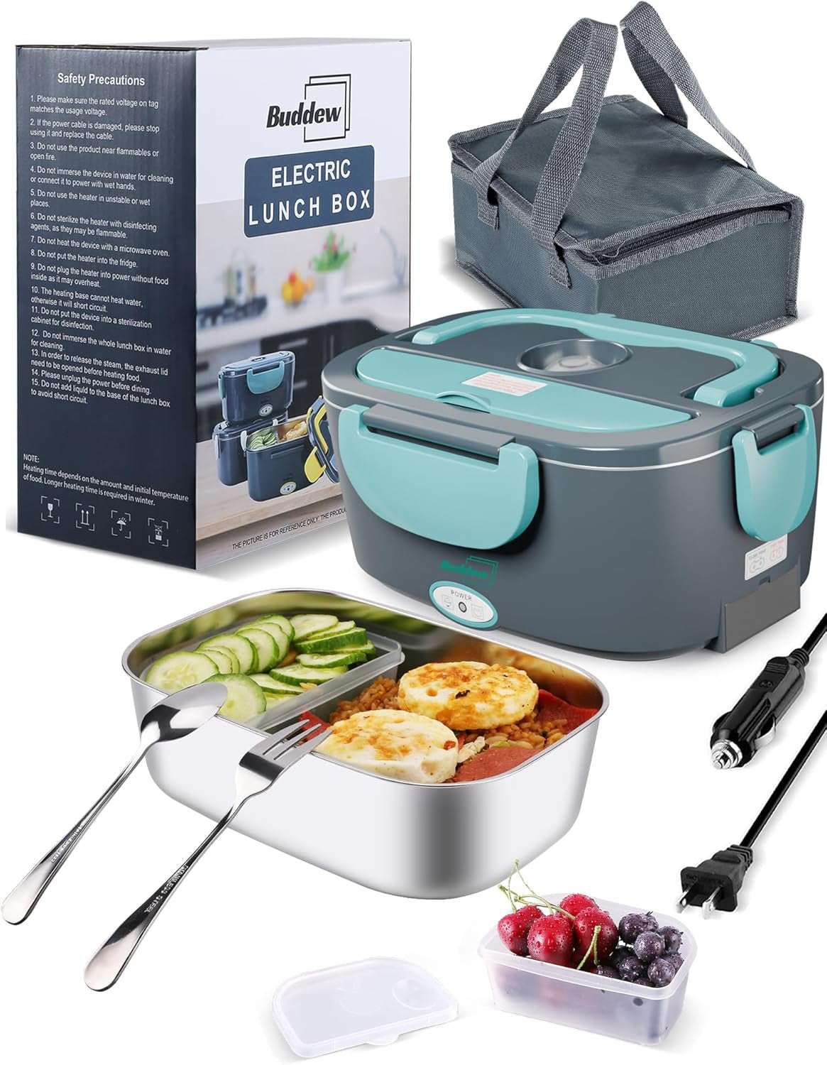 Electric Lunch Box 80W Food Heater for Adults, 12/24/110 V Portable Food Warmer for Travel & Work, 1.5L Food Warmers, Loncheras Para Hombres De Trabajo (Green)