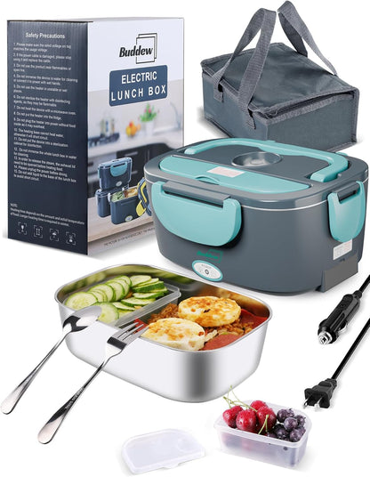 Electric Lunch Box 80W Food Heater for Adults, 12/24/110 V Portable Food Warmer for Travel & Work, 1.5L Food Warmers, Loncheras Para Hombres De Trabajo (Green)