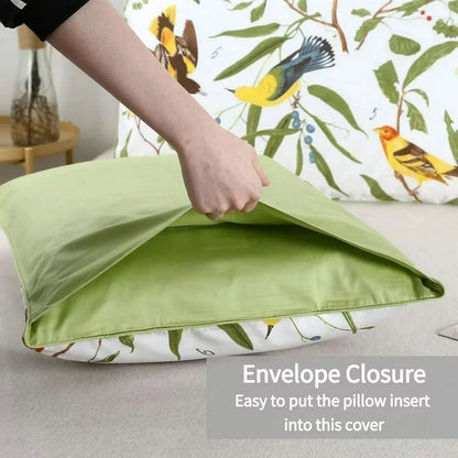 100% Cotton Green Leaves Birds Print 1000 Thread Count Pillow Cases, Queen (2 Count)