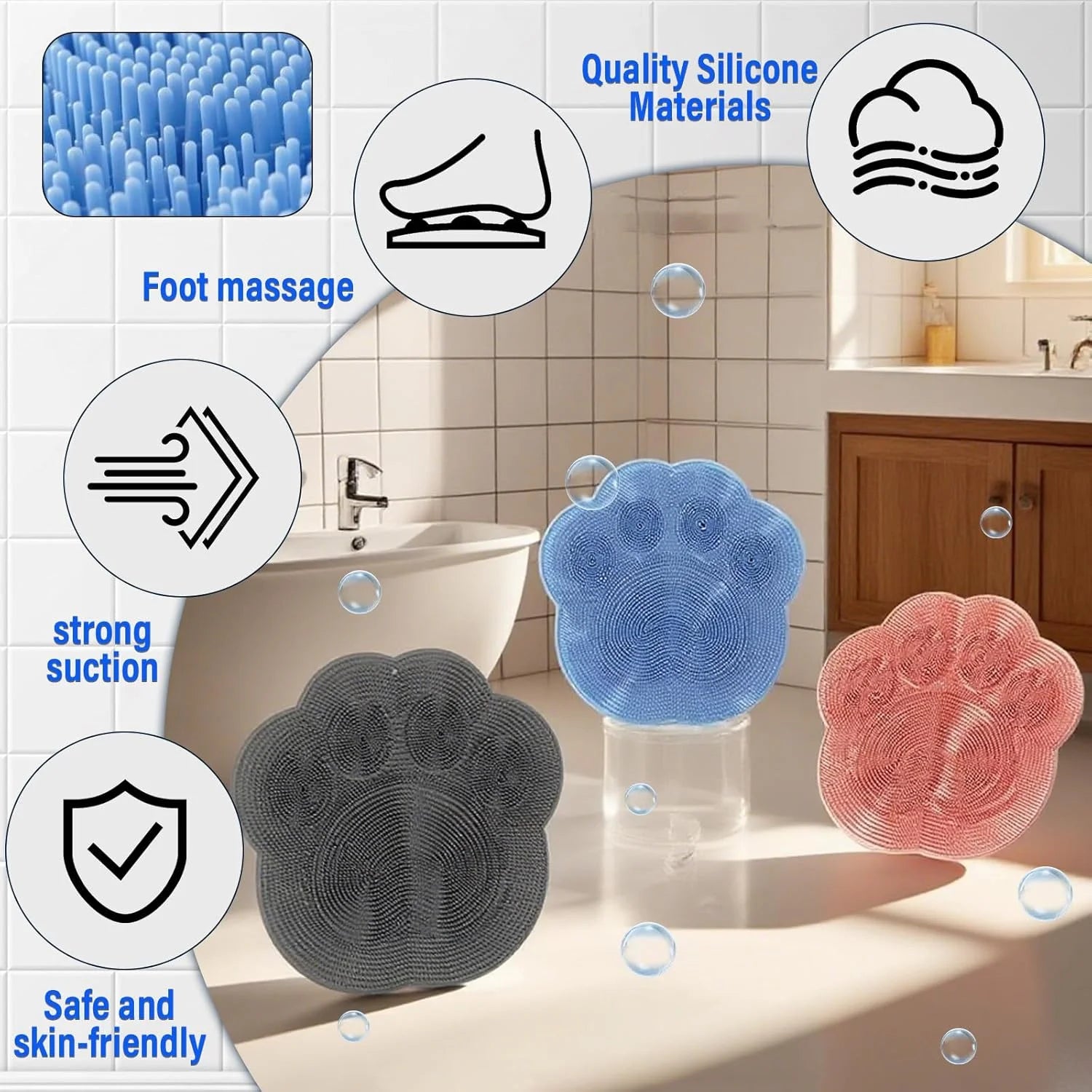 Shower Foot Scrubber Mat, Foot Scrubber in Shower, Back Washer Exfoliating Bath Wash Pad, Silicone Shower Foot Scrubber Mat, Upgraded Shower Foot Massager Mat with Non-Slip Suction Cup (Blue)
