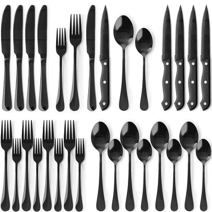 25-Pieces Black Silverware Set with Steak Knives, Black Flatware Set for 4, Food-Grade Stainless Steel Tableware Cutlery Set, Eating Mirror Polished Utensil Set for Home Restaurant