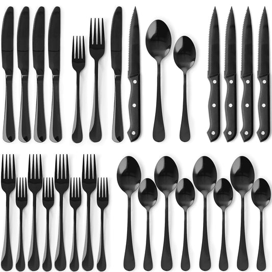 25-Pieces Black Silverware Set with Steak Knives, Black Flatware Set for 4, Food-Grade Stainless Steel Tableware Cutlery Set, Eating Mirror Polished Utensil Set for Home Restaurant