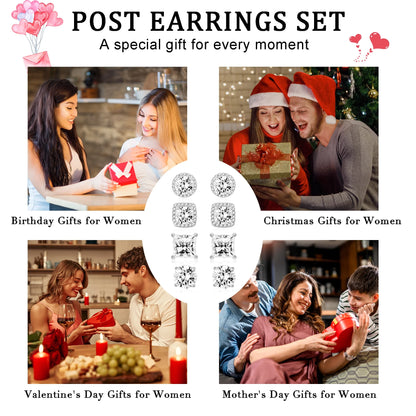 4 Pairs 18K White Gold Plated Halo Stud Earrings for Women Men CZ Hypoallergenic Post S925 Sterling Silver Earrings Set Wedding Birthday Jewelry Gifts Ideas Mom Wife Bride Boyfriend Husband
