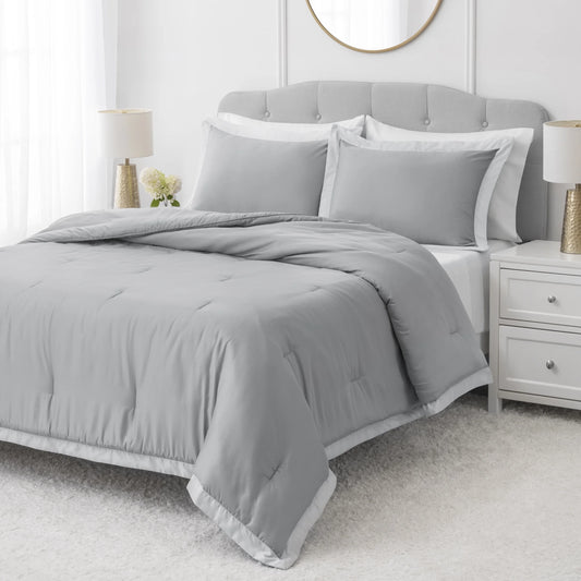 3-Piece Grey/Silver Egyptian Cotton-Rich Blend Luxury Comforter Set, Full/Queen
