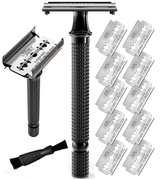 Long Handle Double Edge Safety Razor - Butterfly Open Razor 10 Japanese Stainless Steel Double Edge Blades - Close, Clean Shaving Razor Men., Black Long Handle, 12 Piece Set