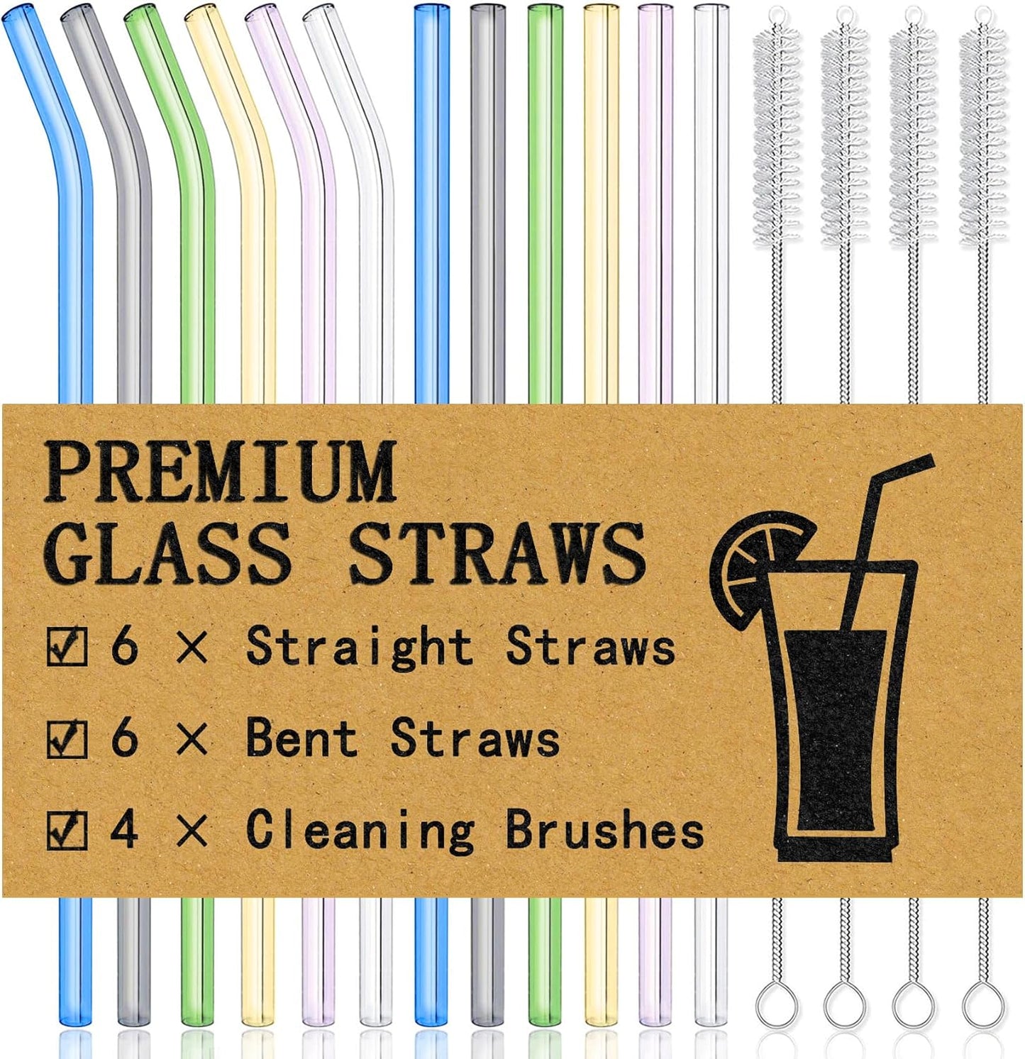 ® 16-Pack Reusable Glass Straws Set, Clear Glass Drinking Straws, 8.5''X10Mm, Set of 6 Straight and 6 Bent with 4 Cleaning Brushes, Perfect for Smoothies, Milkshakes, Juice, Tea