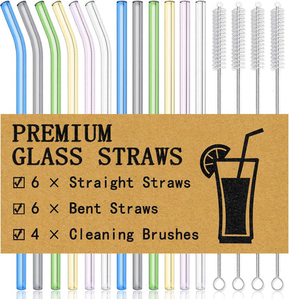® 16-Pack Reusable Glass Straws Set, Clear Glass Drinking Straws, 8.5''X10Mm, Set of 6 Straight and 6 Bent with 4 Cleaning Brushes, Perfect for Smoothies, Milkshakes, Juice, Tea