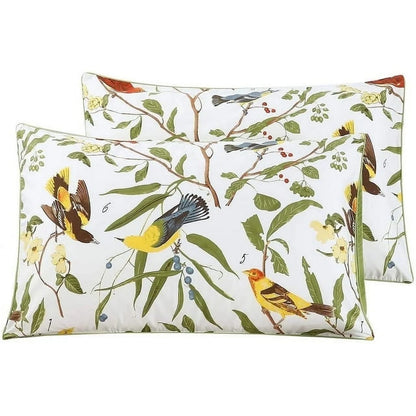 100% Cotton Green Leaves Birds Print 1000 Thread Count Pillow Cases, Queen (2 Count)