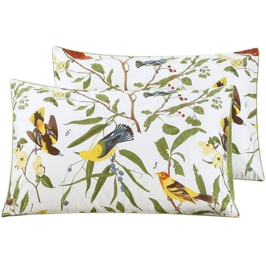 100% Cotton Green Leaves Birds Print 1000 Thread Count Pillow Cases, Queen (2 Count)