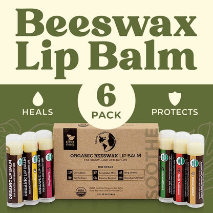 USDA Organic Lip Balm 6-Pack - Fruit Flavors, Beeswax, Coconut Oil, Vitamin E - Best Lip Repair Chapstick for Dry Cracked Lips - Moisturizing Lip Care