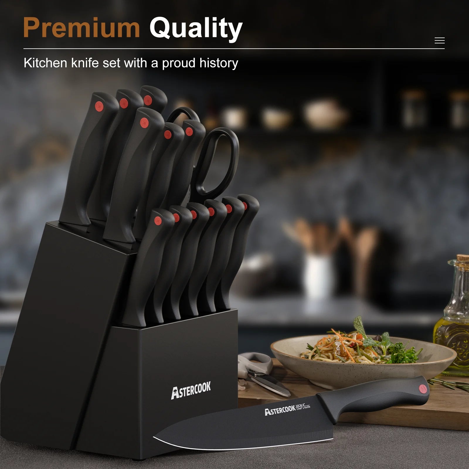 Kitchen Knife Set, 14 Pcs Knives Block Set with Built-In Sharpener, Healthy Anti-Rust Coating & German Stainless Steel Knife Set, Dishwasher Safe Black