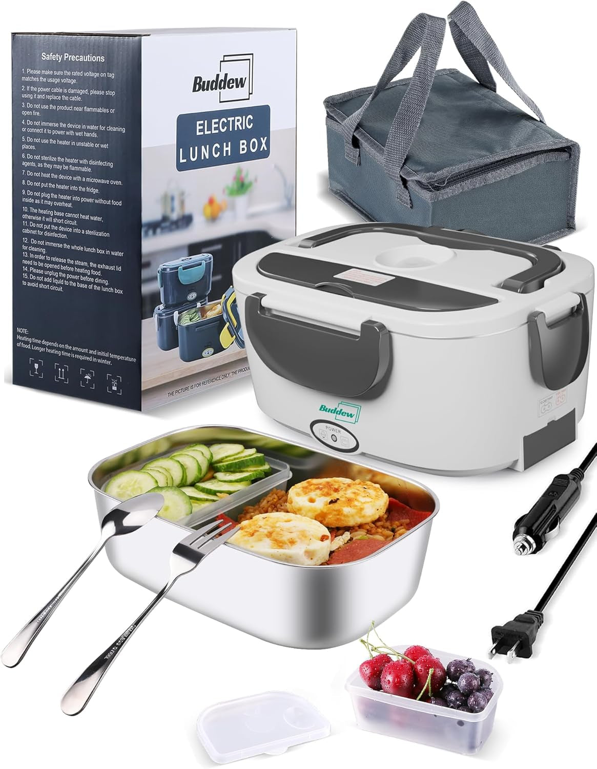 Electric Lunch Box 80W Food Heater for Adults, 12/24/110 V Portable Food Warmer for Travel & Work, 1.5L Food Warmers, Loncheras Para Hombres De Trabajo (Green)