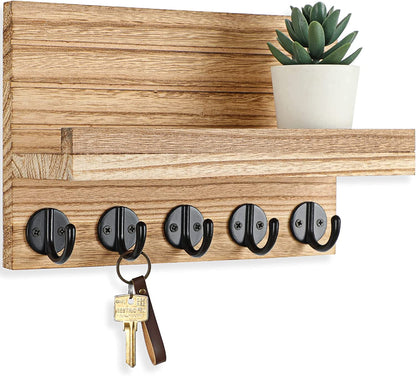 Key Holder for Wall, Decorative Key and Mail Holder with Shelf Has Large Hooks for Bags, Coats, Umbrella – Paulownia Wood Key Hanger with Mounting Hardware (9.8”W X 6.7”H X 4.2”D)