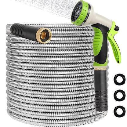 Metal Garden Hose 50Ft, 304 Stainless Steel Garden Hose, Heavy Duty Water Hoses with 10 Function Hose Nozzle, Flexible, No Kink & Tangle, Leak & Puncture Proof, 150Psi