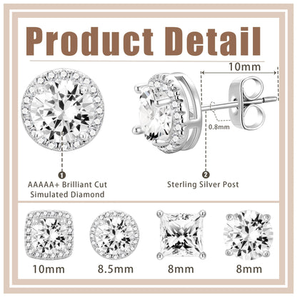 4 Pairs 18K White Gold Plated Halo Stud Earrings for Women Men CZ Hypoallergenic Post S925 Sterling Silver Earrings Set Wedding Birthday Jewelry Gifts Ideas Mom Wife Bride Boyfriend Husband