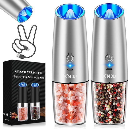 RECHARGEABLE Salt and Pepper Grinder Set,Automatic Pepper Mill,Usb Rechargeable,Adjustable Coarseness,One-Handed Operation,Ceramic Burr,Refillable,Auto Grinders Shakers LED Light,Sliver