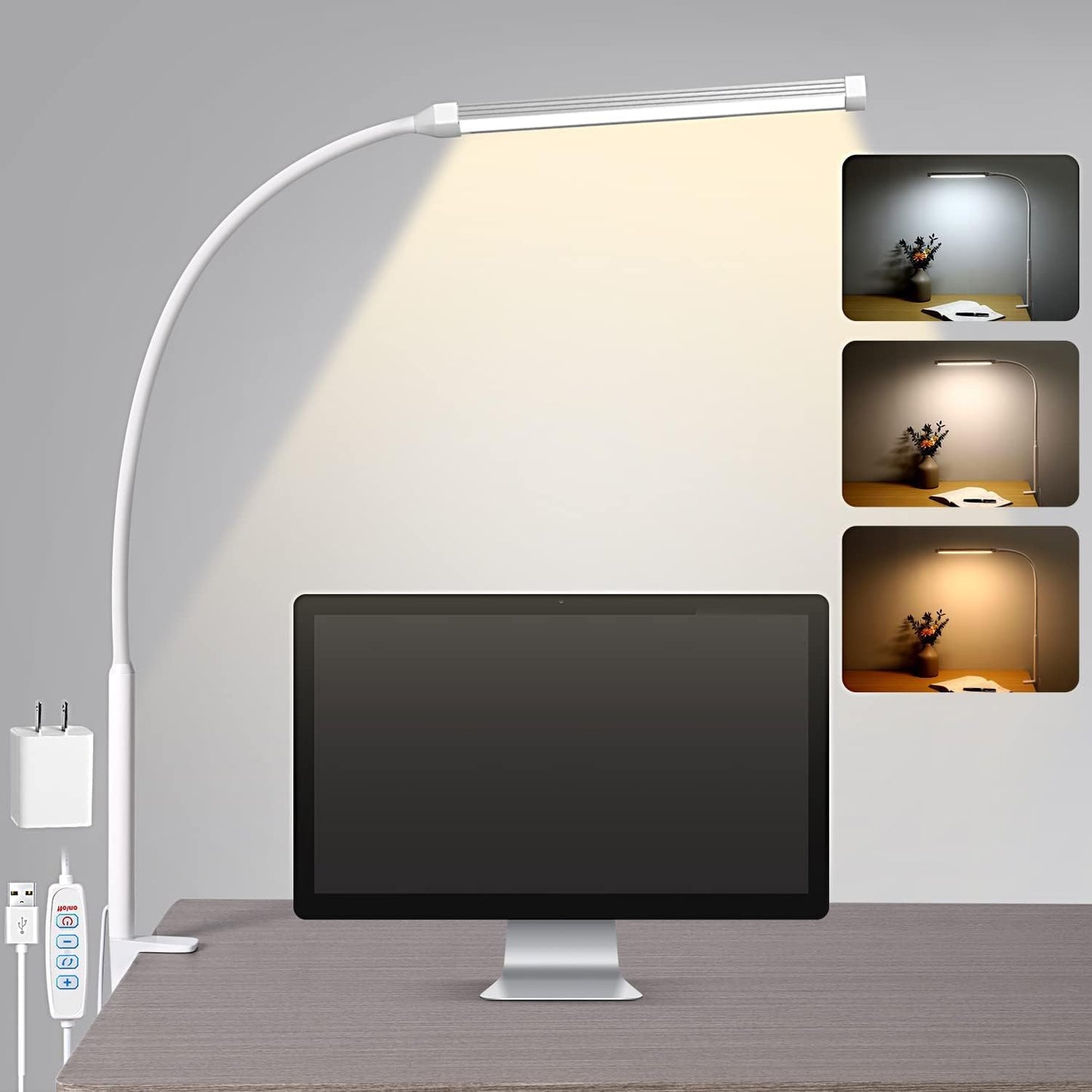 LED Desk Lamp with Clamp – Flexible Gooseneck, 3 Color Modes, 10 Brightness Levels