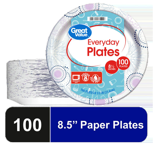 Disposable Paper Plates, 8.5", 100 Count
