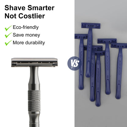 Gun Black Safety Razor, Single Blade Razors for Men, with 10 Platinum Coated Stainless Steel Double Edge Safety Razor Blades, Smooth & Close Shave, Plastic Free, Sustainable