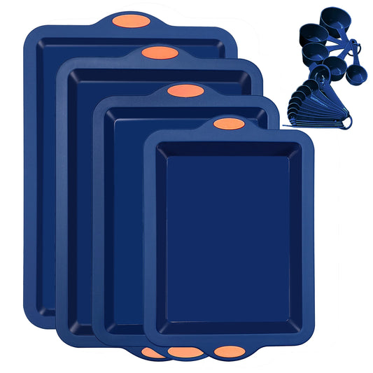 Silicone Baking Pans Set, 4 Pieces Nonstick Bakeware Set with Baking Pans, Baking Sheets, Cookie Sheets, Cake Pan with Metal Reinforced Frame More Strength, Navy Blue