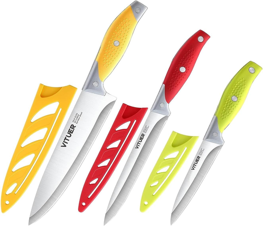 3-Piece Chef Knife Set – Multicolor Stainless Steel Kitchen Knives with Covers (Red, Green, Yellow)