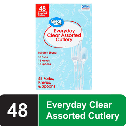Plastic Everyday Clear Assorted Cutlery, 48 Count Includes 16F/16S/16K