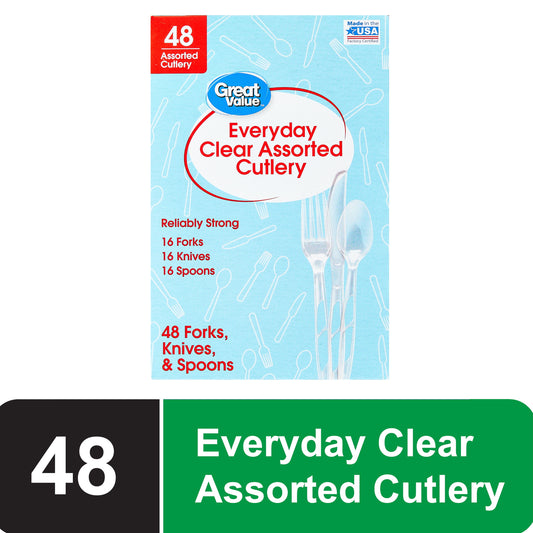 Plastic Everyday Clear Assorted Cutlery, 48 Count Includes 16F/16S/16K