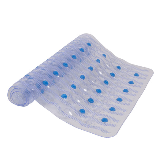 ® inside the Shower Vinyl Semi-Brushed Bath Mat with Suction Cups and Drain Holes, 27.5" L X 15.5" W, Clear and Blue
