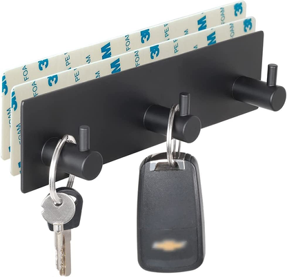 Key Holder for Wall – 3 Hook Stainless Steel Rack with 2 Self-Adhesive Tapes, No-Drill Installation