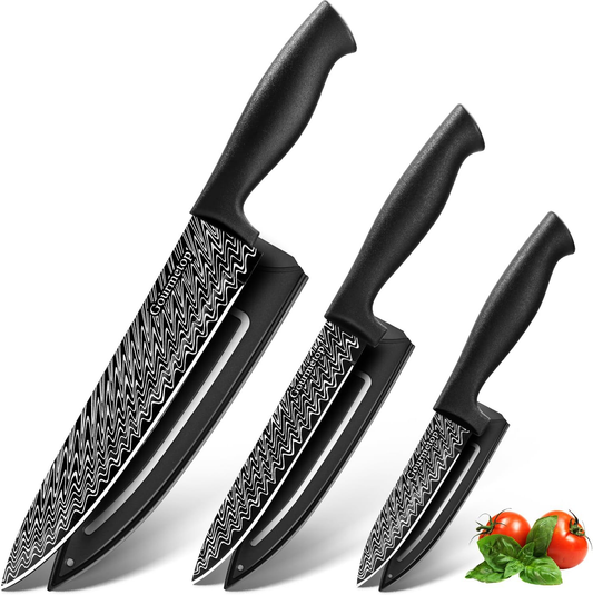 3-Piece Kitchen Knife Set with Covers – Chef, Utility & Paring Knives, Stainless Steel, Sharp & Durable