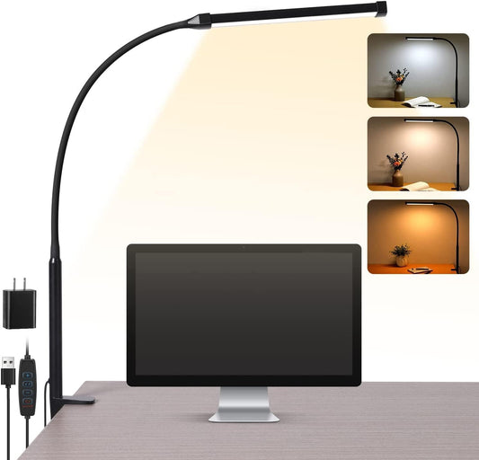 LED Desk Lamp with Clamp – Flexible Gooseneck, 3 Color Modes, 10 Brightness Levels