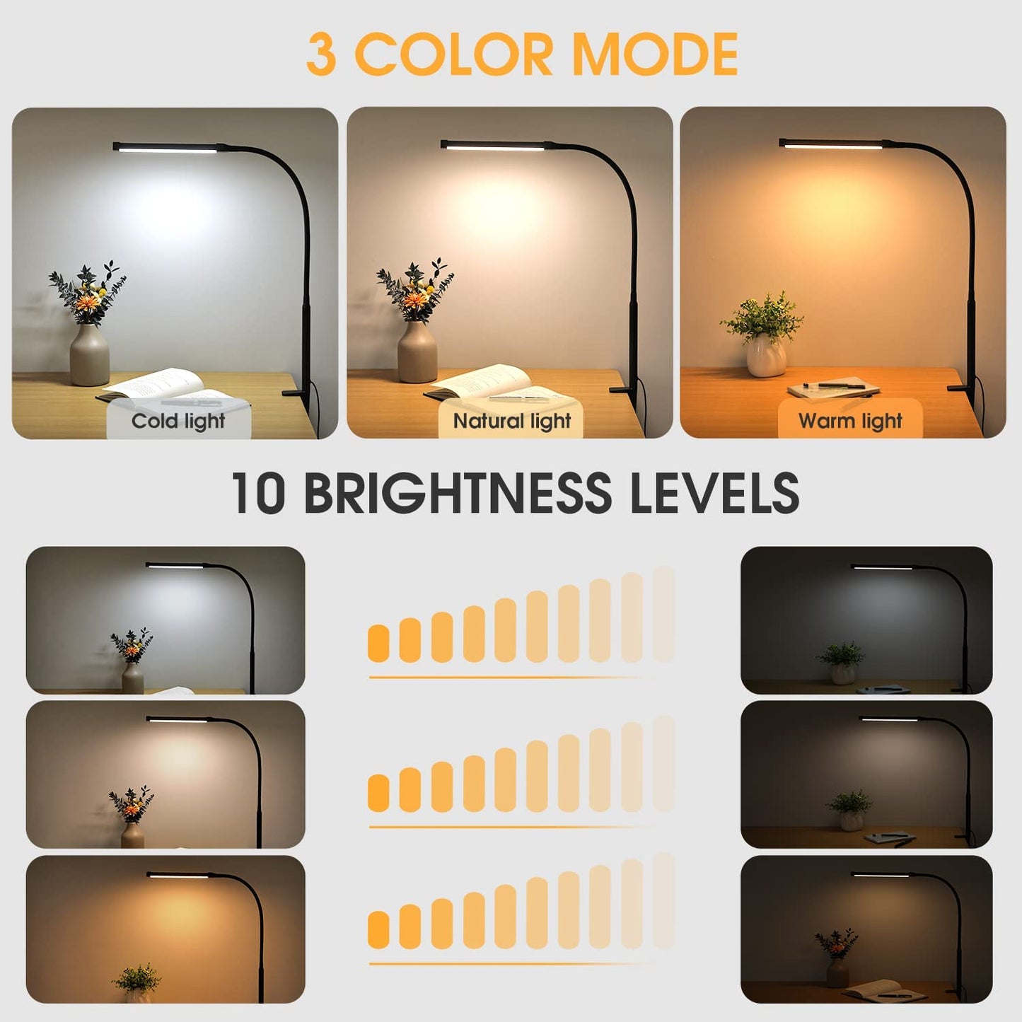 LED Desk Lamp with Clamp – Flexible Gooseneck, 3 Color Modes, 10 Brightness Levels