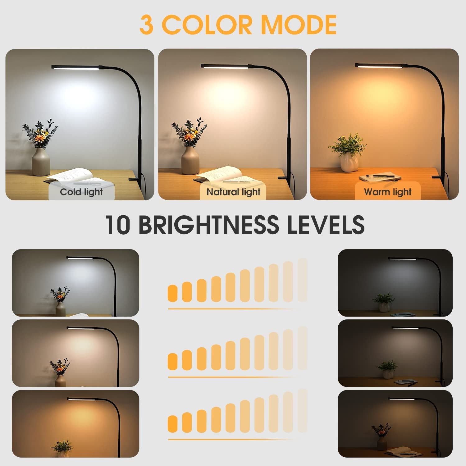 LED Desk Lamp with Clamp – Flexible Gooseneck, 3 Color Modes, 10 Brightness Levels