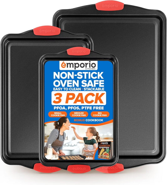 Baking Pan Set - Nonstick Coating, Carbon Steel Bakeware Set with Red Silicone Handles, Recipe Booklet Included, Oven Safe Tray (Up to 450° F), Set of 3 - Black