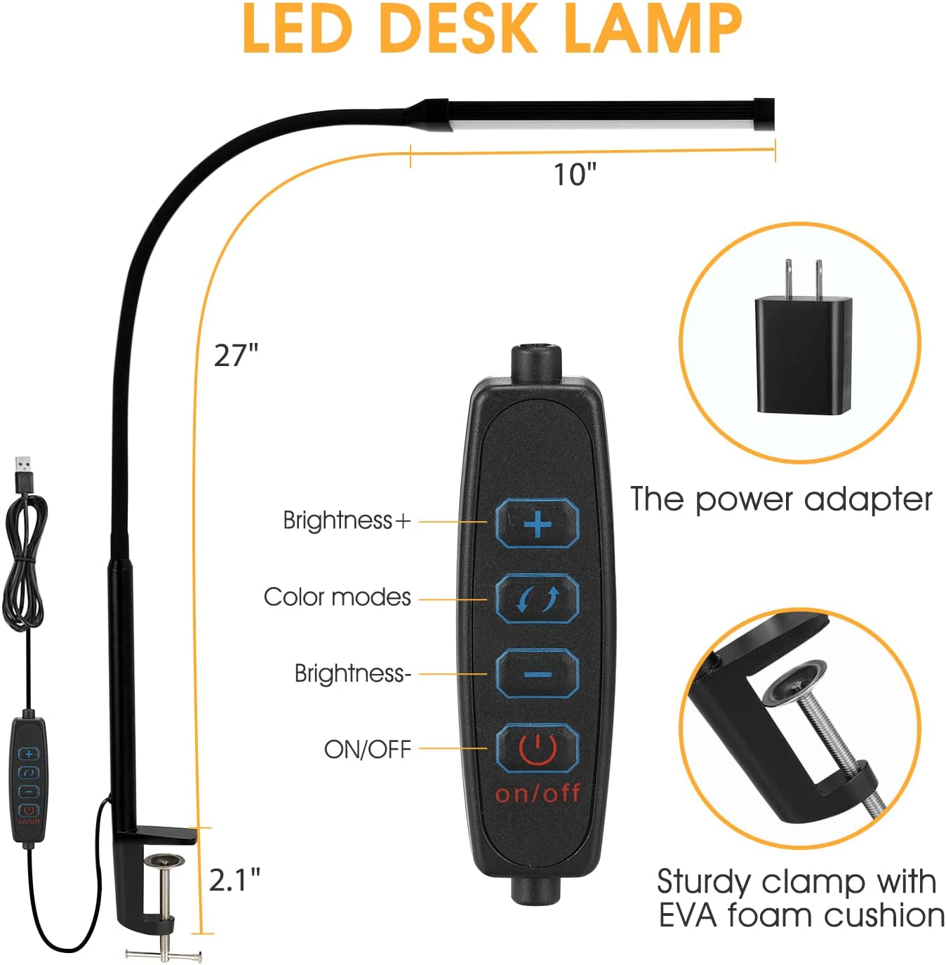 LED Desk Lamp with Clamp – Flexible Gooseneck, 3 Color Modes, 10 Brightness Levels