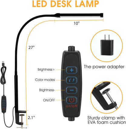 LED Desk Lamp with Clamp – Flexible Gooseneck, 3 Color Modes, 10 Brightness Levels